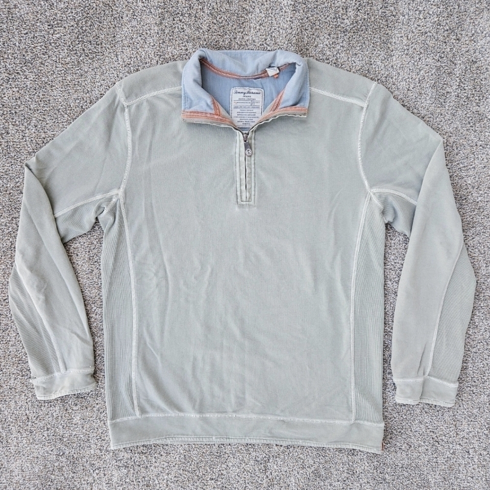 Tommy Bahama Distressed 1/4 Zip Long Sleeve Pullover Sweater Shirt Sage Green M
